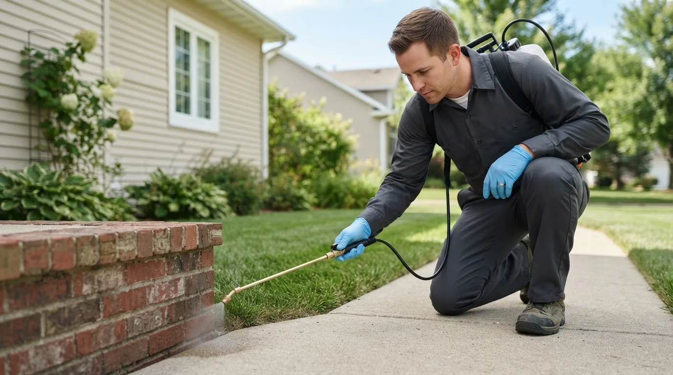 Pest control technician treating a home near East Wareham, MA